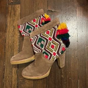 Brown pom pom knit suede boots